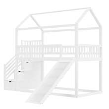 Łóżko piętrowe dla dzieci 90*200, łóżko wysokie, ze zjeżdżalnią i drabinką do przechowywania, wysoka barierka, rama łóżka z litego drewna, stelaż z listew, kolor drewna - Biel + Drewno + Sypialnia - Zobacz 9