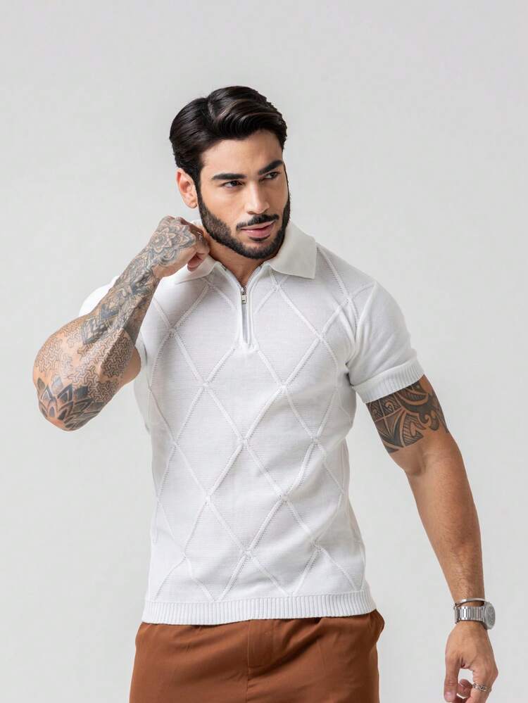 TRICOT DE LUXO Men's Lightweight Textured Polo Collar Knitted T-Shirt With Zipper, High Quality, Spring Summer Autumn, Premium Quality - 白色 - 查看 7