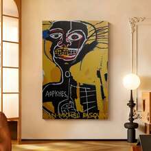 Framed 1pc Framed Jean-Michel Basquiat Cabeza 1984 Art Poster - Vibrant Yellow & Blue Abstract Face Canvas Wall Art, Modern Minimalist Decor For Living Room, Bedroom, Office, Bathroom, And Hallway, Easy To Hang, Canvas Wall Art, Basquiat, Poster, Wall Picture, Framed Picture For Immediate Hanging, Framed Wall Decoration - 框架 - 查看 5