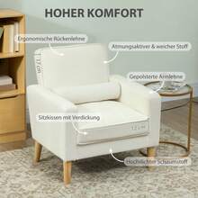 HOMCOM Armchair With Armrests, Reclining Backrest, Rubberwood Legs, Cream White Color