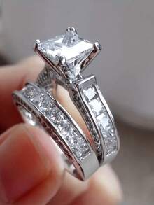 Charming Couple Ring Fashion New Silver Women's Wedding Ring Set, 1 Men's Stainless Steel Wedding Ring Valentine's Day Jewelry - 銀色 - 查看 4