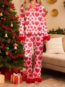 Women Valentines Pajama Set Rose Heart Print Feathered Cuffs Long Sleeve Lapel Tops With Pants 2 Piece Sleepwear - 紅色 - 查看 3