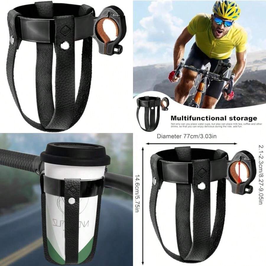 HAMIL Portabotellas para Bicicleta Portavasos para Manillar de Bicicleta Portabotellas de Agua de Cuero, Portabotellas de Agua Multifuncional para Bicicleta, Portavasos para Manillar de Bicicleta(Círculo negro + cuero marrón.) - Multicolor - Ver 1