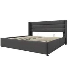 Upholstered Double Bed With Padded Headboard, 140x200cm, In Grey Linen, Medium Firmness (With Spring Mattress) - Black - View 4