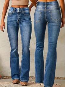 Women's Elastic Denim Jeans With Double Button Design, & Versatile Flared Leg - Medium Wash - View 1
