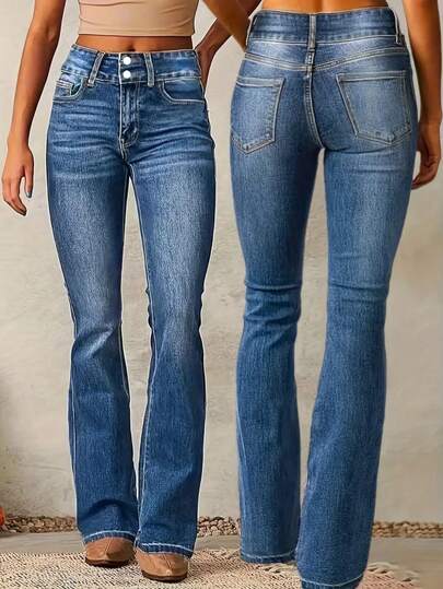 Women's Elastic Denim Jeans With Double Button Design, & Versatile Flared Leg Casual Spring