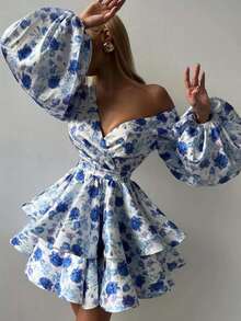 Solstice Apparel Backless Blue Rose Print Dress, Puff Long Sleeve V-Neck Layered Ruffle Mini Dress, Retro Elegant Style, Great For Weddings, Parties & Music Festivals, Spring Summer - Blue - View 9