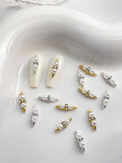 10pcs Nail Charms Nails, Irregularly Shaped Nails Inlaid With Rhinestones, Simulated Pearls, Gold And Silver, Metal Nail Supplies, Light Luxury, Vintage Style, Shiny Rhinestones, Nail Gems, Suitable For Long Nail Multi-Functional DIY Accessories.