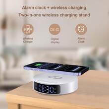 2-In-1 Wireless Charger With Time Display And Alarm Clock Function, Suitable For Bedroom Or Desk, Charging Base Compatible With IPhone 17/16/15/14/13/12/11 Pro Max/Mini/Plus/XR/XS/X/8, Compatible With AirPods 2/3/4/Pro/Pro 2, Compatible With Samsung S25/S23/S22/S21/S20, Galaxy Buds - White - View 4