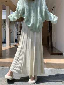 百搭柔软褶皱A字裙，高腰，飘逸，厚面料，2025秋冬新品 - 米色 - 查看 4