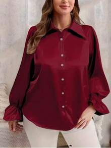 女士缎面纽扣衬衫，长袖，V领，灯笼袖，宽松版型，休闲/办公皆宜，春夏秋季 - 酒紅色 - 查看 5