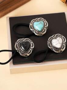 3pcs Zinc Alloy Western Cowboy Cowgirl Style Retro Elegant Turquoise Heart Agate Silvery-Decorated Hair Rope Rubber Band ,Ponytail ,Hair Elastics ,Scrunchies ,Elastic Hair Tie