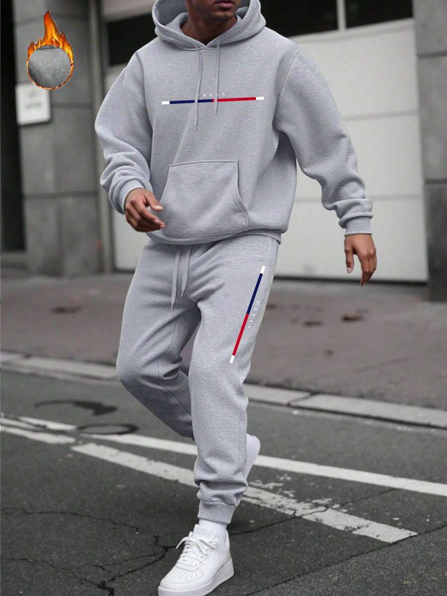 2pcs/Set Men's Casual Cartoon Paris Letter Drawstring Pocket Hoodie And Drawstring Sports Pants Suit Spring - Light Grey - View 1