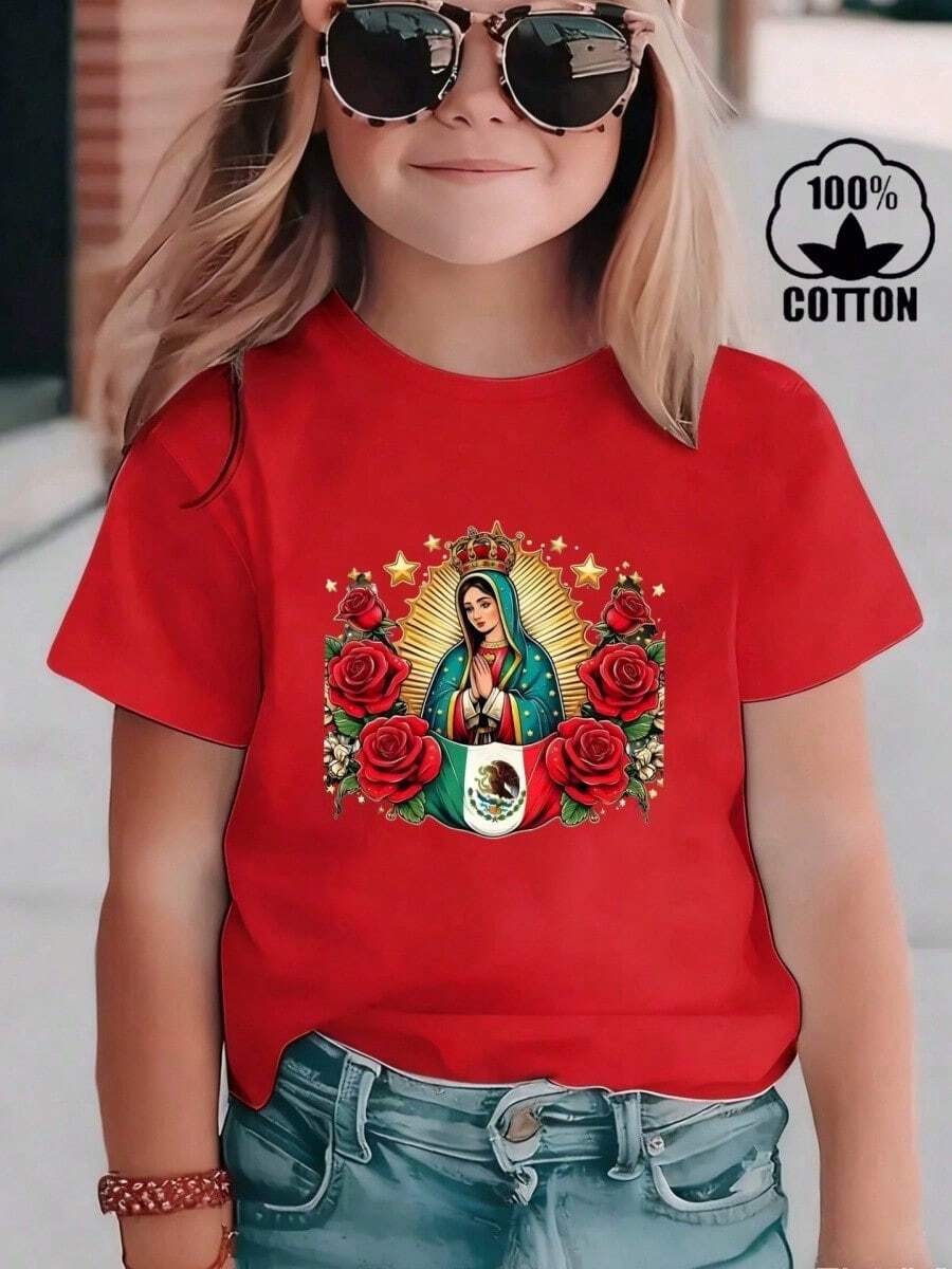 Esta nueva camiseta de manga corta para niñas, 100% algodón, luce modernos estampados de Rosa, informal y versátil. Confeccionada con un tejido suave y delicado con la piel, es suave con la piel sensible de tu hija, permitiéndole libertad de movimiento y comodidad durante reuniones familiares, actividades escolares o juegos al aire libre. - Rojo - Ver 1