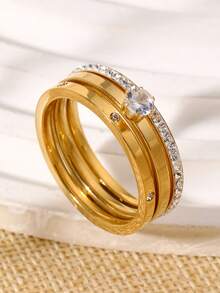 3pcs/Set Fashionable Luxury Delicate Stainless Steel Rhinestone & Cubic Zirconia Rings Set, Suitable For Teenagers Daily Wear And Gift - Ring - View 8