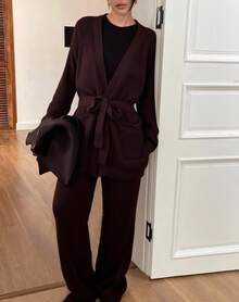 DAZY Women's Casual Solid Color Belted Cardigan And Pants 2 Pieces Knit Set, Autumn - Coffee Brown - View 2