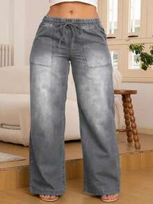 大码女式休闲牛仔裤，时尚百搭，后袋抽绳松紧腰直筒弹力牛仔裤，春季款 - 灰色 - 查看 3