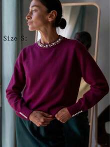 GIGOGOU Áo len nữ cỡ lớn đính hạt ấm áp, áo dệt kim dài tay cơ bản, trang phục thời trang mùa thu. - Màu tím - Xem 5