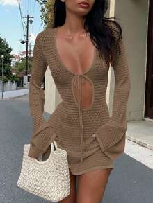 Women's New Hollow Out Sexy Beach Vacation Casual Daily Dress, Flare Sleeve Short Knit Sweater Dress, Spring/Summer/Autumn - Brown - View 1