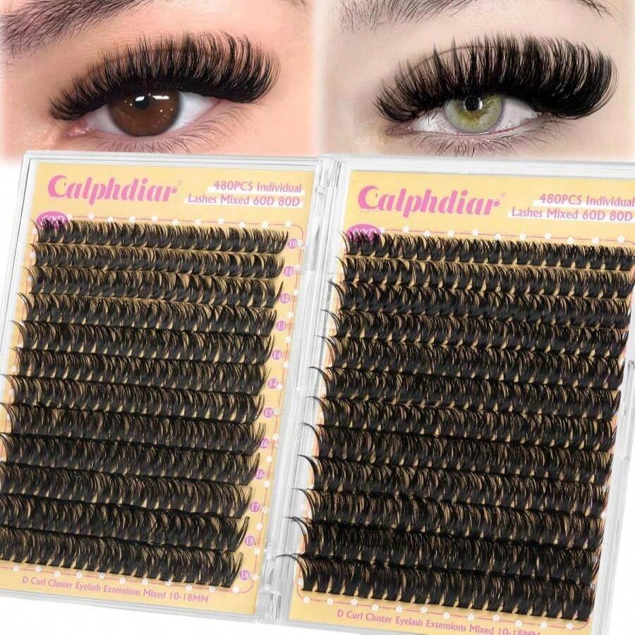Calphdiar Lashes Clusters 60D+80D Thick Eyelash Clusters 480PCS Wispy Lash Clusters Eyelash Extensions Fluff D-Curly Individual Lashes 10-18mm DIY Volume Lash Extension At Home - MàuH - Xem 1