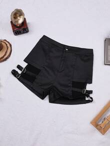 Apperloth A Y2K Street High Waist Stretchy PU Leather Cut Out  Adjustable Buckle Skinny Mini Shorts Punk Music Festival - Black - View 4