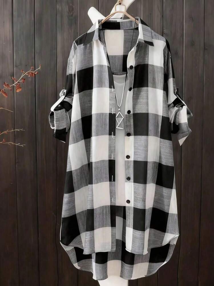 Casual Women's Asymmetrical Long Shirt Blouse With Plaid Pattern And High Low Hem - Black - View 2