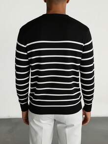 男士时尚百搭条纹圆领针织衫，长袖，秋冬款 - 黑色 - 查看 3