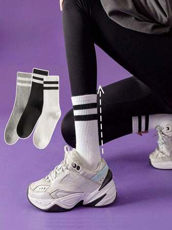 1/4/6 Pairs Women's Mid-Calf Socks, Lightweight Two-Bar Striped Socks For Spring And Summer, Simple And Japanese-Style High-Value Matching Yoga Pants Sports Long Socks