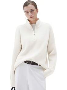 Women Cashmere Oversized Quarter Zip Pullover Sweater Long Sleeve Collared Ribbed Knit Jumper Tops, 2025 Style - trắng - Xem 1