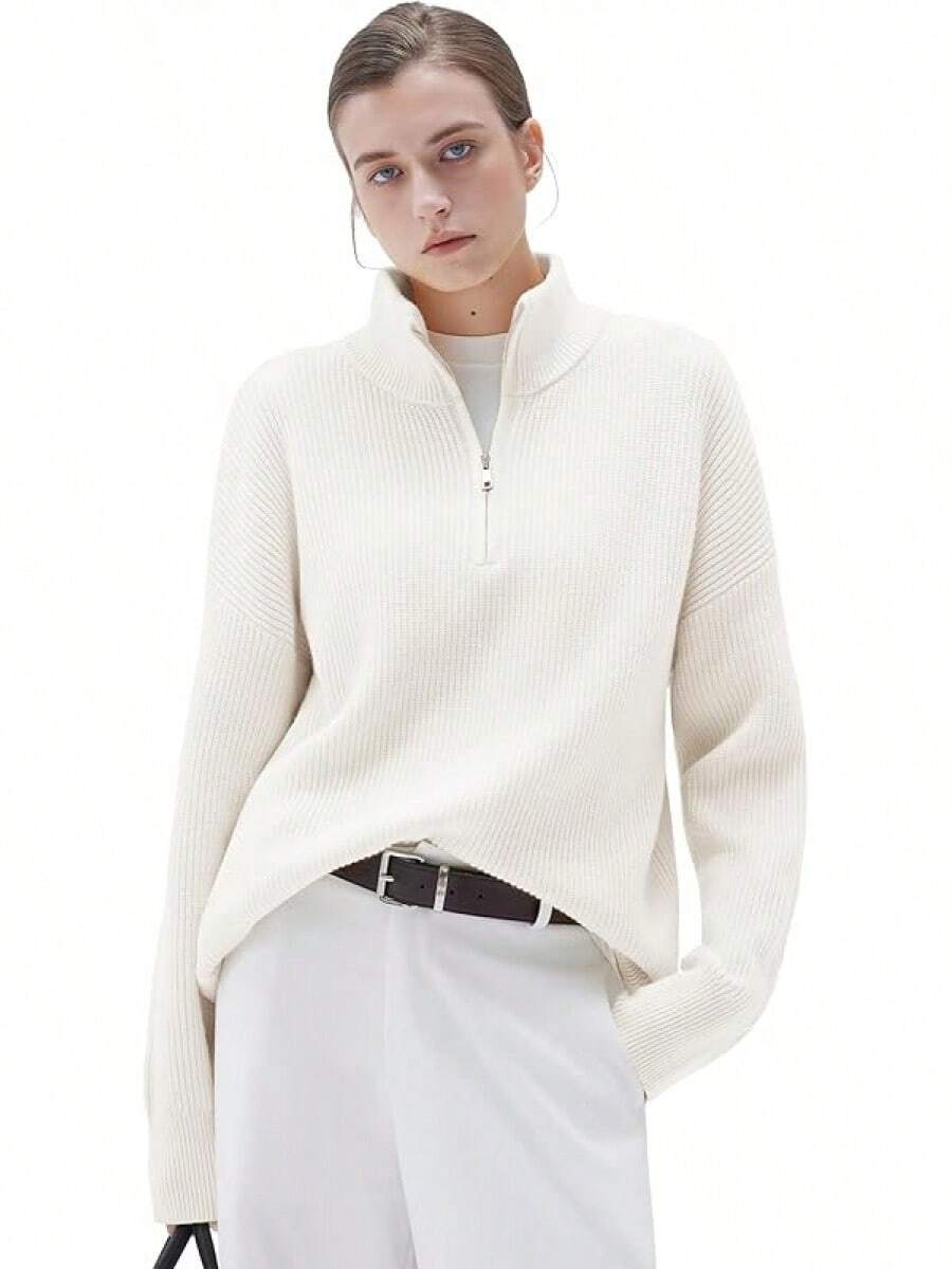Women Cashmere Oversized Quarter Zip Pullover Sweater Long Sleeve Collared Ribbed Knit Jumper Tops, 2025 Style - trắng - Xem 1
