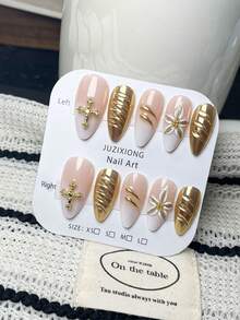 10 piezas Juego de pegatinas de uñas con forma de almendra hechas a mano, diseño de lunares en rosa nude, marrón y blanco, arte de uñas dulce y retro, adecuado para uso diario, fiestas y diversos estilos, uñas postizas reutilizables, uñas de aplicación, pegatinas de uñas con forma de almendra, puntas francesas en rosa nude, blanco y dorado, decoración de estrellas y metal, arte de uñas minimalista de lujo - Caqui - Ver 10