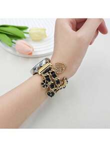 [Jewelry Bracelet Watch Band] Charming Pendant Synthetic Leather & Stainless Steel Watch Band Compatible With Apple Watch 38/40/41/42/44/45/46/49mm (Ultra 3/2/1 Series 1-10 & SE), Galaxy Watch7/6/5/4 (40/44mm), Watch 4 Classic (42/46mm), Watch 3 (41mm), Active 2, Gear S2 Classic - Folding Buckle - Gift Idea, Decorative Accessory, Suitable For Birthday, Party, Daily Wear - Multicolor - View 10