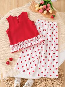 2pcs/Set Young Girl Outfit, Spring/Summer New, Ruffled Butterfly Decor Top + Loose Polka Dot Print Pants, Suitable Gift For Little Girls - Red - View 2