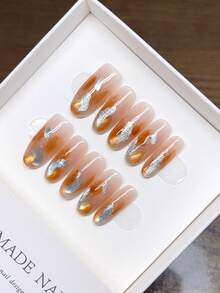 纯手工制作椭圆形美甲贴片；手绘猫眼油画渐变美甲，个性化秋冬美甲，高品质简约美甲，全覆盖假指甲，Y2K美甲，按压式美甲 - 彩色 - 查看 14