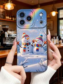 1 pieza Funda de teléfono con diseño de muñecos de nieve con bufandas arcoíris bajo un cielo nevado y un arcoíris en el fondo, estilo invernal festivo ideal para la temporada navideña y días fríos, protección elevada para lente con diseño de ojo, resistente a golpes, compatible con iPhone17 ProMax/16/15/14/13/12/11/Plus/Pro/ProMax, compatible con Galaxy A34/A35/A54/A55, Galaxy S20/S21/S22/S23/S24/S25 Ultra/Plus, compatible con Galaxy/Redmi/Honor/OPPO/ViVo - Negro - Ver 2