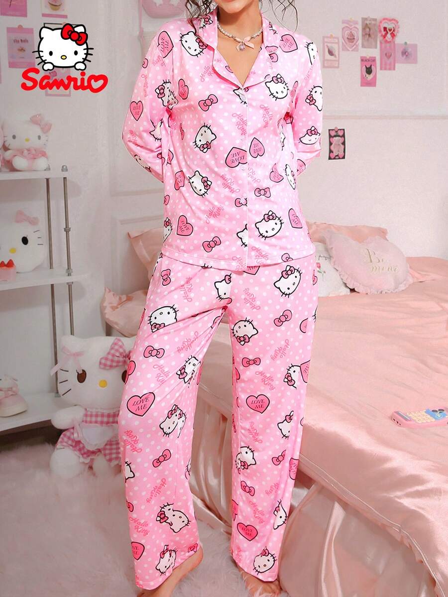Sanrio 2pcs Hello Kitty Sleepwear Set For Women, Featuring Hello Kitty Design, Bow & Heart Print, Long Sleeve Top And Pants, Cute Pajama Set, Loungewear - Baby Pink - View 1