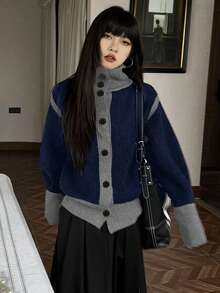 Áo khoác cardigan dệt kim phối màu tương phản, thiết kế retro giản dị, độc đáo, thích hợp cho mùa Thu/Đông. - Hải quân - Xem 7