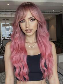 1 Piece Curly Synthetic Hair Wig With Bangs, Burgundy Long Wavy Heat Resistant Fiber Wig For Girls' Parties Or Daily Use - Multicolor - View 14