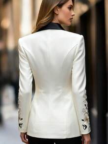 Women's Fashionable Embroidered Front Button Blazer Jacket, Suitable For Daily Office, Gatherings, Autumn/Winter, Lined, High Grammage Fabric - White - View 2