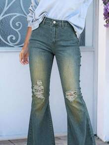 (Cotton Blend) Women's Vintage Knee-Ripped Stretch Flare Leg Jeans - Navy Blue - View 5