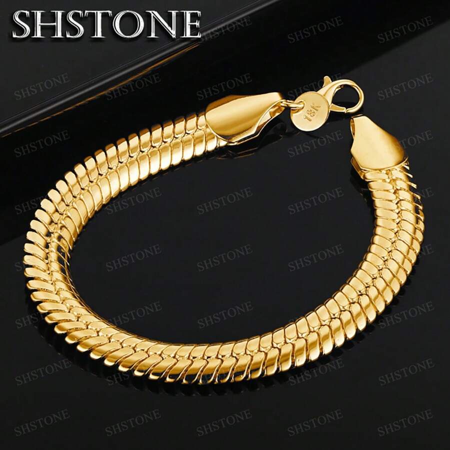18K Gold Plated 10mm Flat Snake Bone Bracelet, Suitable For Men And Women, Exquisite Luxury Party Jewelry Wedding Accessory Gift - Gold - View 1
