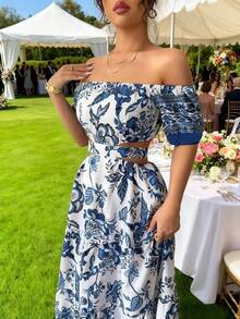 Women's Dresses, Printed Maxi Dress With Off-The-Shoulder And Waist Detail, Retro Resort-Style Dress With A Fitted Waist, Boho-Style Maxi Dress That Slims The Silhouette. - 查看 2