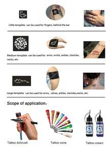 422 Temporary Tattoo Stencils, 15pcs Reusable Stickers, Flash Tattoo Templates, Semi-Permanent Tattoos, Face Painting, Body Art Stencils, Adult Music Festival - Black - View 7