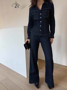 DAZY Autumn/Winter New Loose Casual Urban Style Women Denim 2 Pieces Set - Blue - View 2