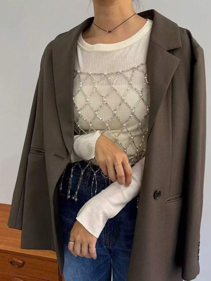 DEKUNER New Tassel Body Chain Top, Korean Style Pearl Loose Camisole Top Without Straps, Can Be Paired With Shirts, Sweaters, Multiple Colors, Suitable For Christmas Decoration - Silver - View 1