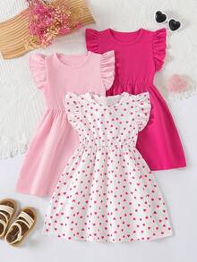 Bộ 3 món thời trang cho bé gái, gồm váy tay bồng in hình trái tim và váy phối màu trơn, thích hợp mặc mùa hè. - Màu Hồng Tươi - Xem 1