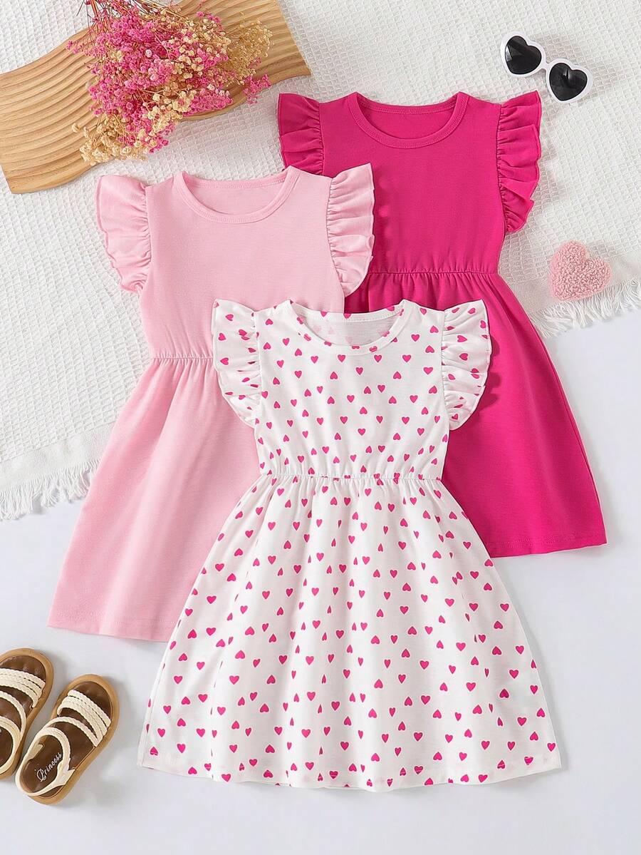 Bộ 3 món thời trang cho bé gái, gồm váy tay bồng in hình trái tim và váy phối màu trơn, thích hợp mặc mùa hè. - Màu Hồng Tươi - Xem 1