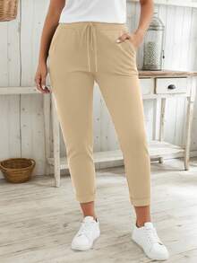 大码女式弹力腰抽绳裤，多种颜色可选，高弹力，休闲运动风，适合朋友聚会、短途旅行、散步和春季健身热身。 - 杏色 - 查看 4