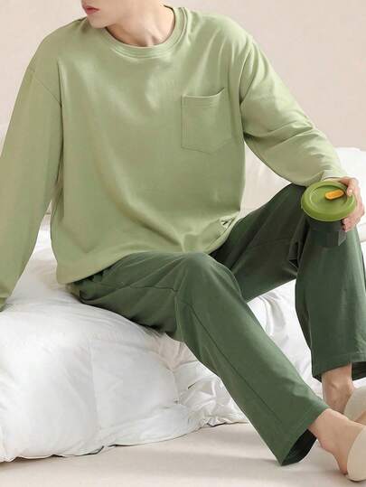 AICJ 2pcs/Set Men's Casual Loose Solid Color Sleepwear Set, Round Neck Pullover Top And Pants, Suitable For Spring, Autumn, Winter, Warm And Comfortable Home Wear