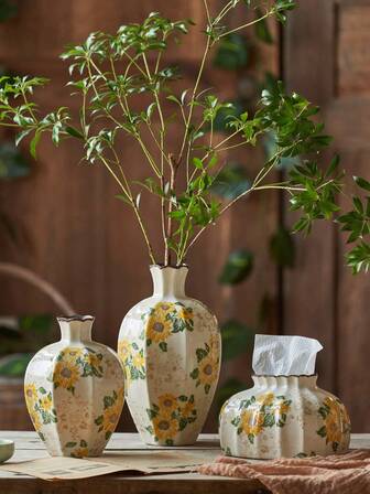 1 件手工制作的复古波西米亚风格石榴形陶瓷花瓶（纸巾盒/花盆），向日葵图案，法式乡村风格，适合家居装饰、房间装饰、礼物、情人节礼物。